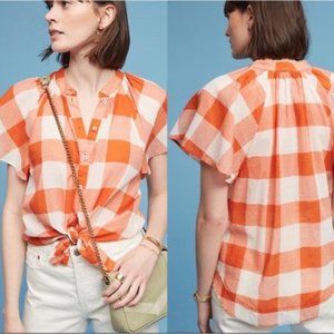 Maeve Anthropologie gingham 100% cotton orange white flutter short sleeve blouse